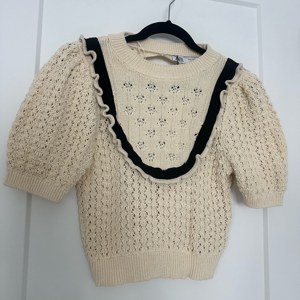 Zara crochet Cream top with Black Trim